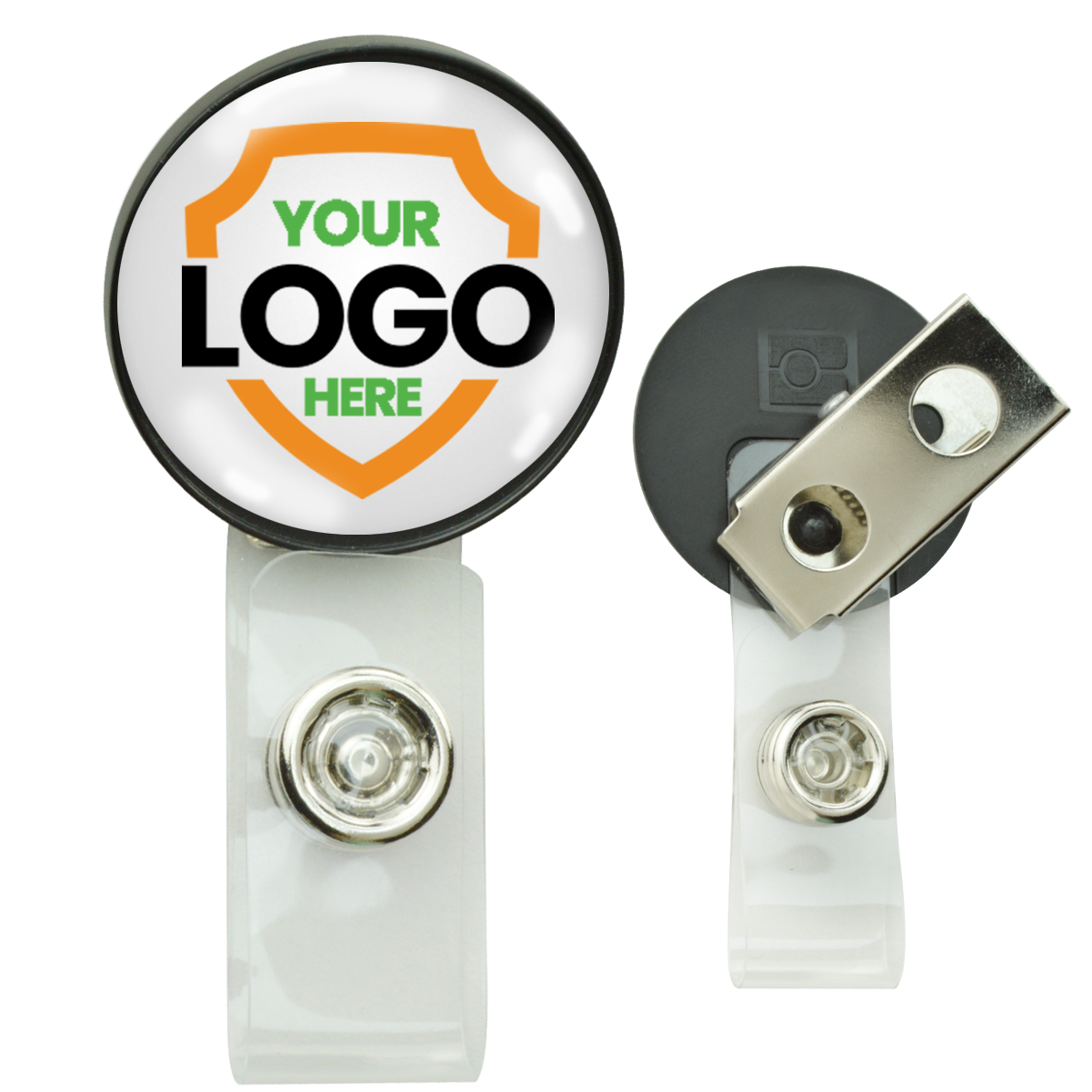 Two **Custom Printed Non-Retractable Badge Reels with Metal Clips (2105-4001) - Add Your Logo** with clear plastic straps, featuring a customizable round black logo area labeled "Your Logo Here" on a shield design. Perfect for professional identification, these custom badge reels ensure you make a professional impression.