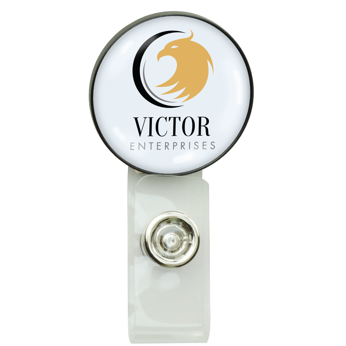 A round, white Custom Printed Non-Retractable Badge Reel with Metal Clip (2105-4001) - Add Your Logo, featuring the Victor Enterprises logo in black text and a golden eagle design. This custom badge reel is perfect for professional identification needs.