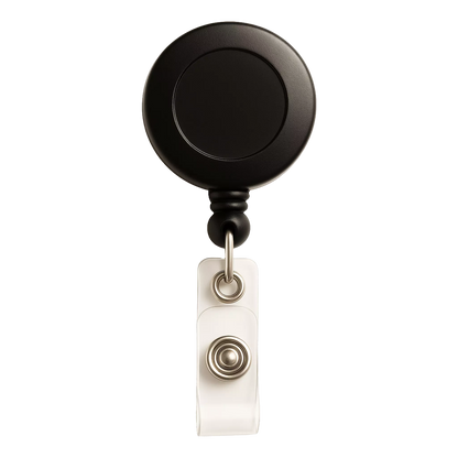 The Badge Reel with Belt Clip (P/N 2120-303X) is a sleek black badge reel featuring a retractable, round design with a secure white belt clip.