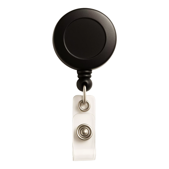 The Badge Reel with Belt Clip (P/N 2120-303X) is a sleek black badge reel featuring a retractable, round design with a secure white belt clip. Sold by Specialist ID.
