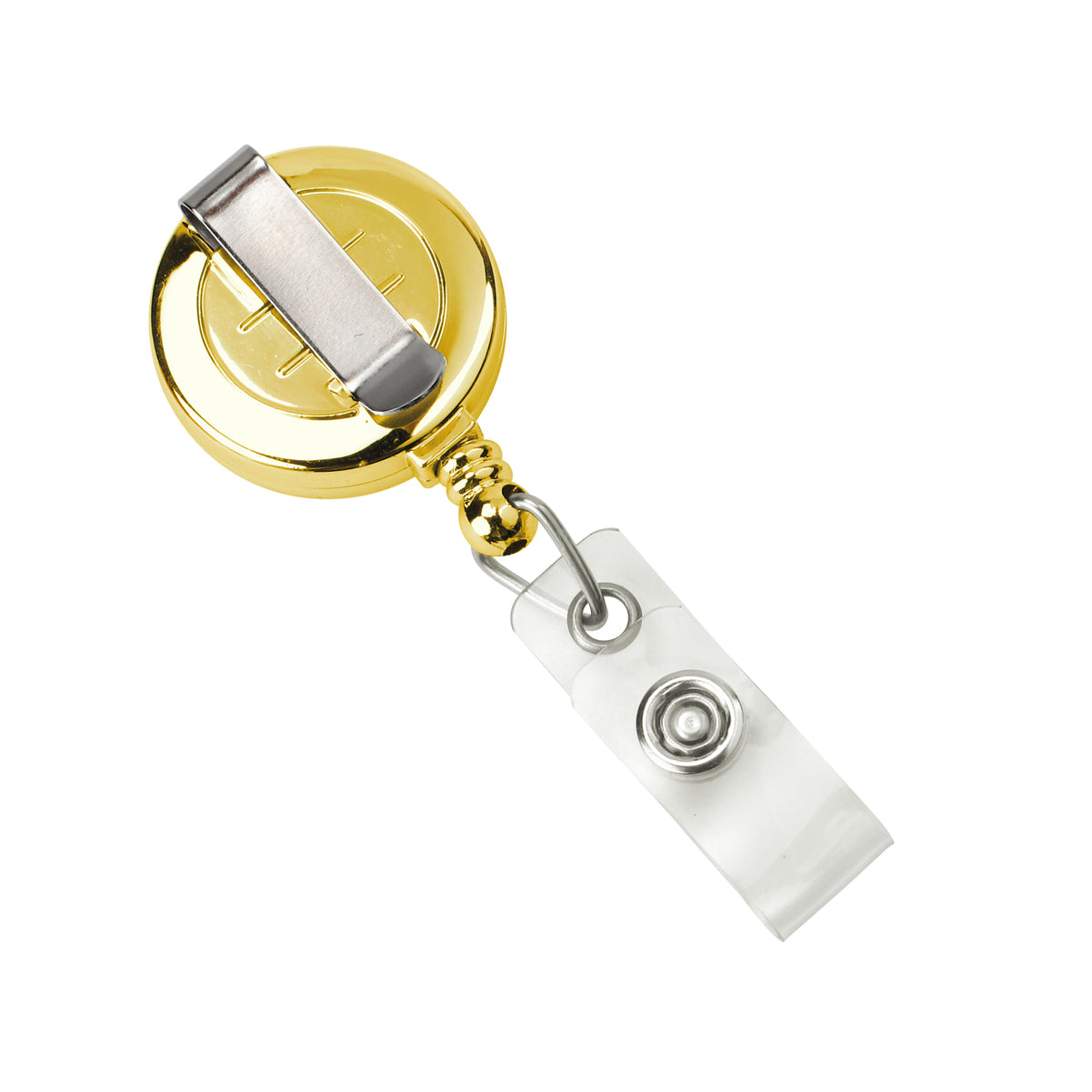 A Silver or Gold Custom Printed Retractable Badge Reel With Belt Clip - Upload Your Logo, attached to a transparent strap with a snap button, making it perfect for showcasing your brand awareness.