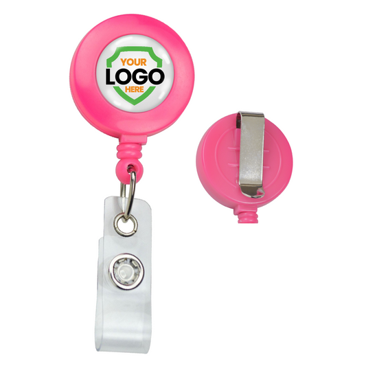 Image of two Neon Custom Badge Reels With Belt Clip (P/N 2120-308X) in pink, featuring a translucent strap, metal clip, and circular plastic casing with space for your brand logo. The front and back views are shown, making these ideal for promotional staff needs.