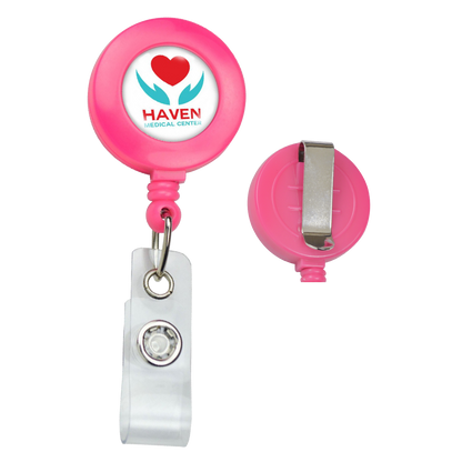 A Neon Custom Badge Reel With Belt Clip (P/N 2120-308X) - Add Your Logo with a clip and a white strap attachment. The custom badge reel features the logo of Haven Medical Center with a red heart and blue symbol below it, making it perfect for promotional staff.