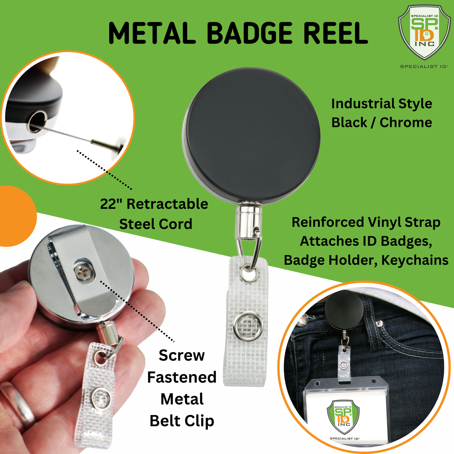 The Heavy Duty Badge Reel With Steel Cable 2120-3305 features a 22" durable steel cable, reinforced vinyl strap, screw-fastened metal belt clip, and black/chrome industrial metal construction, shown attached to a badge holder.