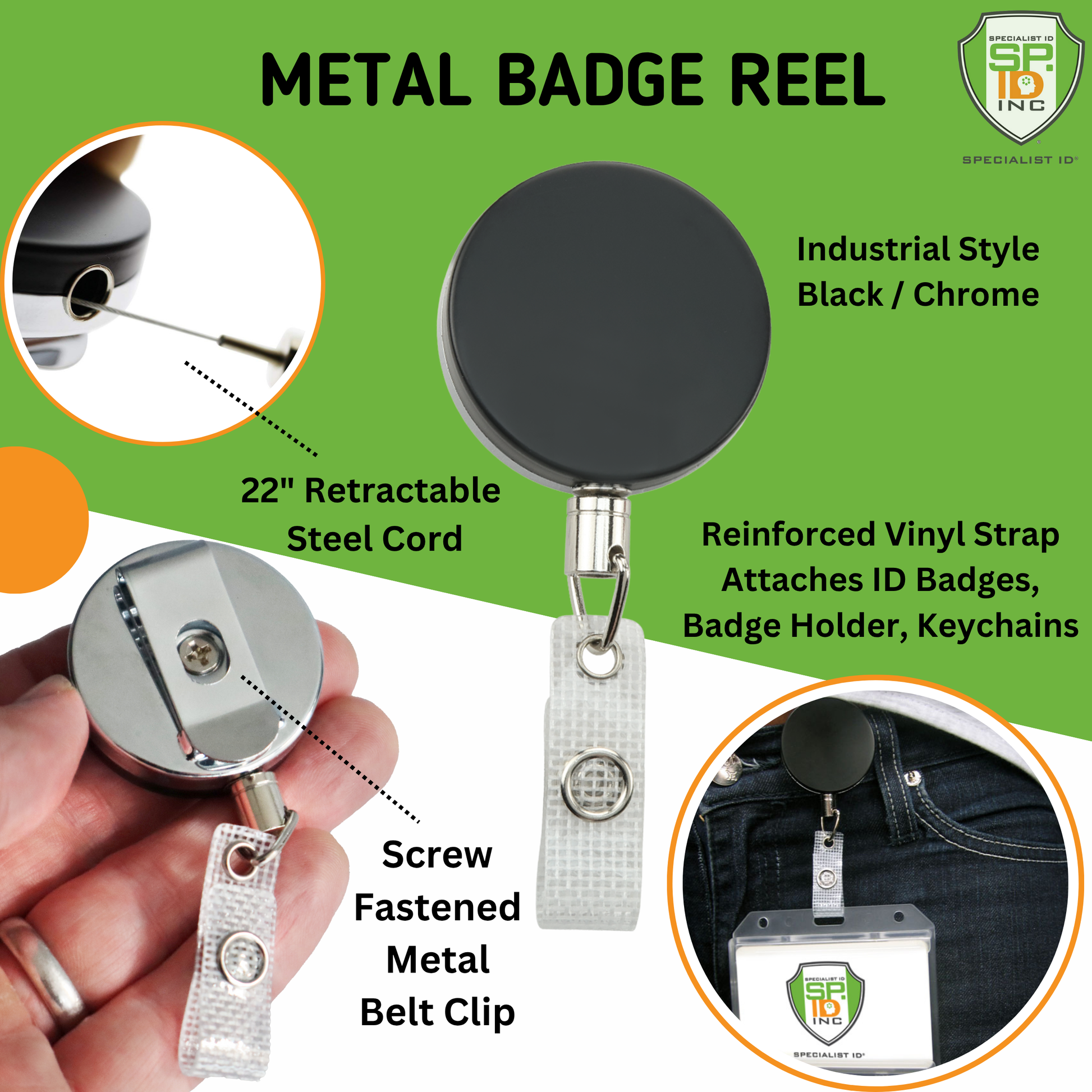 The Heavy Duty Badge Reel With Steel Cable 2120-3305 features a 22" durable steel cable, reinforced vinyl strap, screw-fastened metal belt clip, and black/chrome industrial metal construction, shown attached to a badge holder.