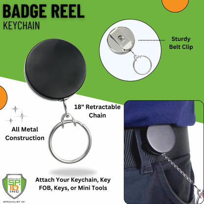 Image of the Heavy Duty Badge Reel with Chain & Belt Clip - Strong All Metal Retractable Keychain for Keys and Badges (2120-3325), featuring an 18" retractable chain, sturdy belt clip, and strong all-metal construction. Can attach a keychain, key fob, keys, or mini tools.