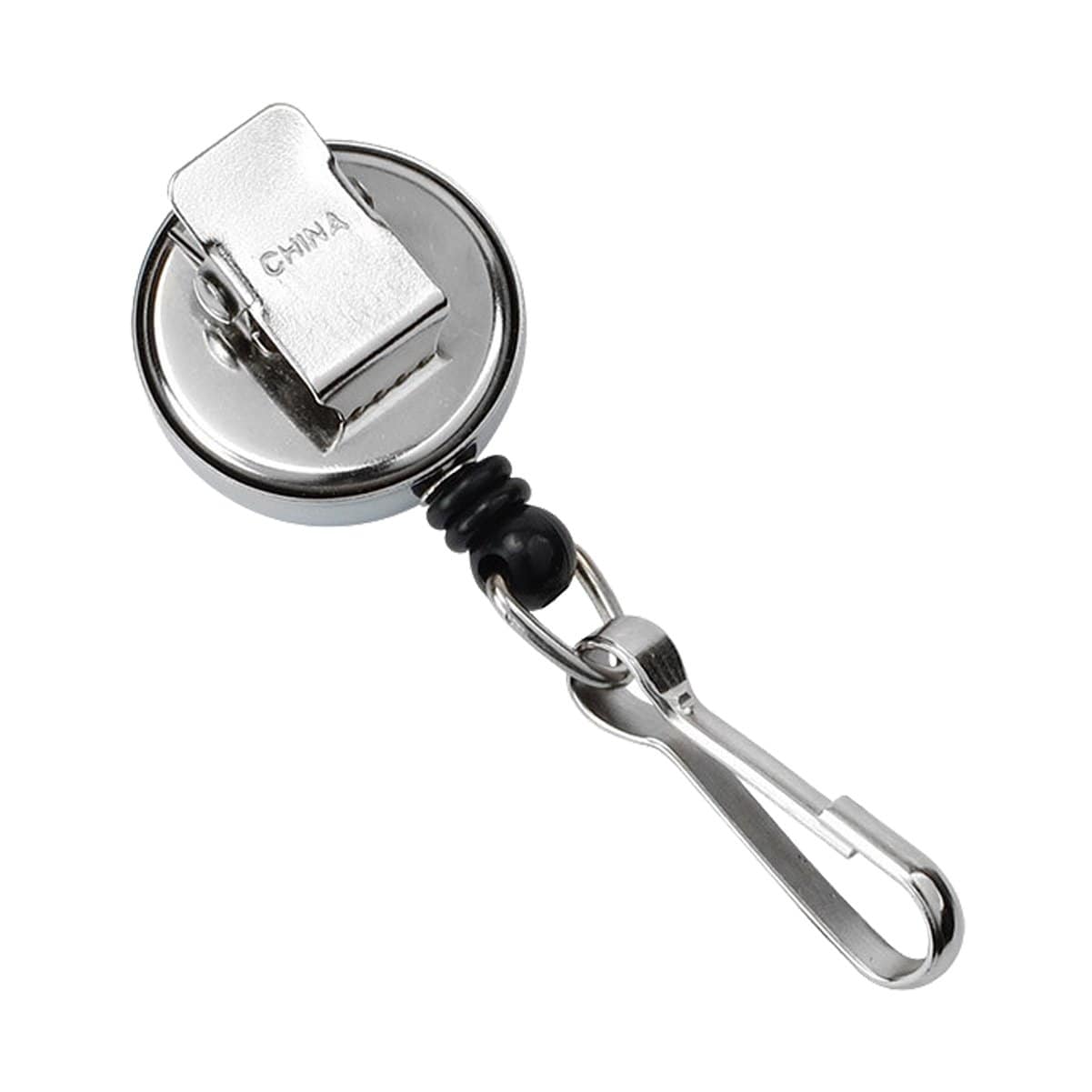 A Custom Mini Badge Reel With Spring Clip And Swivel Hook - Cute Chrome Silver Frame - Personalized Compact Retractable Badge Holder (2120-3400) labeled "CHINA" and a carabiner hook at the end, perfect for brand awareness with your company logo.