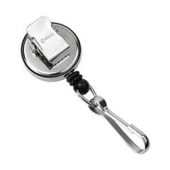 A Custom Mini Badge Reel With Spring Clip And Swivel Hook - Cute Chrome Silver Frame - Personalized Compact Retractable Badge Holder (2120-3400) labeled "CHINA" and a carabiner hook at the end, perfect for brand awareness with your company logo.