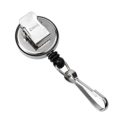 A Custom Mini Badge Reel With Spring Clip And Swivel Hook - Cute Chrome Silver Frame - Personalized Compact Retractable Badge Holder (2120-3400) labeled "CHINA" and a carabiner hook at the end, perfect for brand awareness with your company logo.