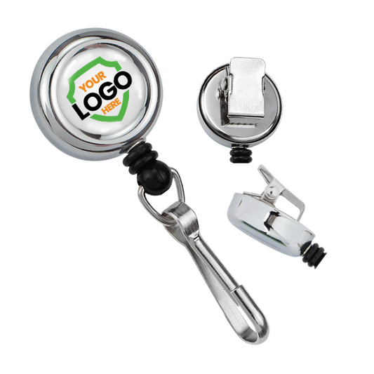 Custom Mini Badge Reel With Spring Clip And Swivel Hook - Cute Chrome Silver Frame - Personalized Compact Retractable Badge Holder (2120-3400) with a custom logo area, metal clip, carabiner-style attachment, and ideal for promoting brand awareness with custom badge reels.
