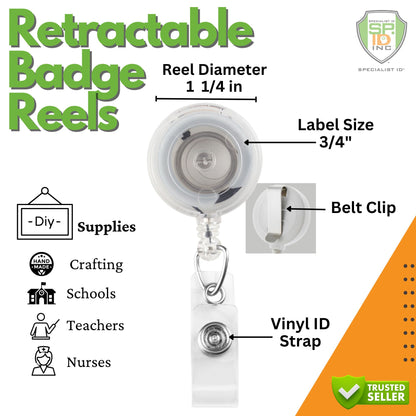 An advertisement for the Translucent Clear Retractable Badge Reel with Belt Clip (2120-360X) with a reel diameter of 1 1/4 inches and a 3/4 inch label size. Features include a belt clip and vinyl ID strap. Suitable for crafting, schools, teachers, and nurses.