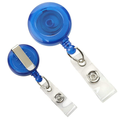 Two Translucent Custom Retractable Badge Reels With Belt Clips (2120-360X), shown side by side, perfect for promoting brand awareness. Sold by Specialist ID.