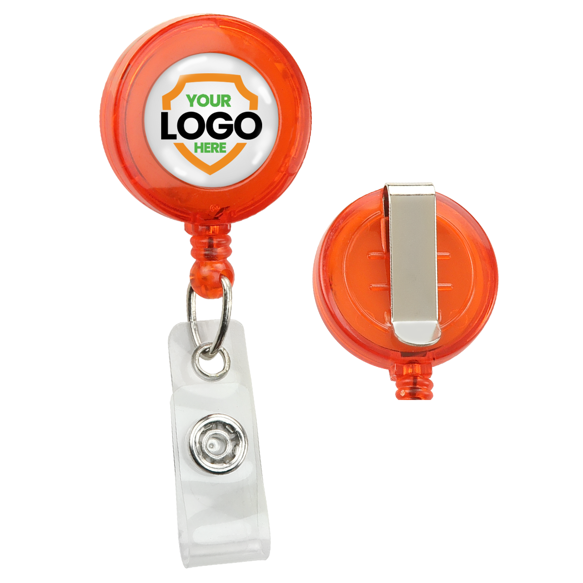 Two orange Translucent Custom Retractable Badge Reels With Belt Clip (2120-360X), one showing the front with "Your Logo Here" and the other showing the back with a metal belt clip. These retractable badge reels are perfect to promote brand awareness.
