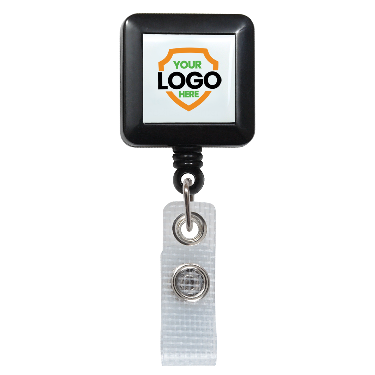 Custom Square Badge Reel with Belt Clip (2120-382X-Custom) - Add Your Logo with a black frame, featuring a customizable area reading "Your Logo Here" within an orange shield design. A clear reinforced strap clip with a metal snap fastener is attached at the bottom, perfect for those seeking modern customizable badge reels.