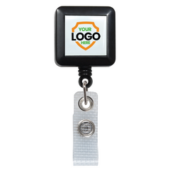 Custom Square Badge Reel with Belt Clip (2120-382X-Custom) - Add Your Logo with a black frame, featuring a customizable area reading "Your Logo Here" within an orange shield design. A clear reinforced strap clip with a metal snap fastener is attached at the bottom, perfect for those seeking modern customizable badge reels.