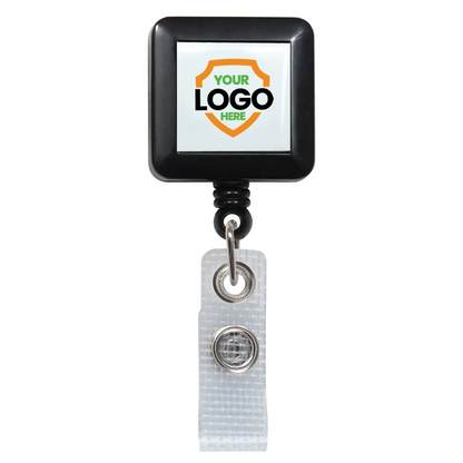 Custom Square Badge Reel with Belt Clip (2120-382X-Custom) - Add Your Logo with a black frame, featuring a customizable area reading "Your Logo Here" within an orange shield design. A clear reinforced strap clip with a metal snap fastener is attached at the bottom, perfect for those seeking modern customizable badge reels.