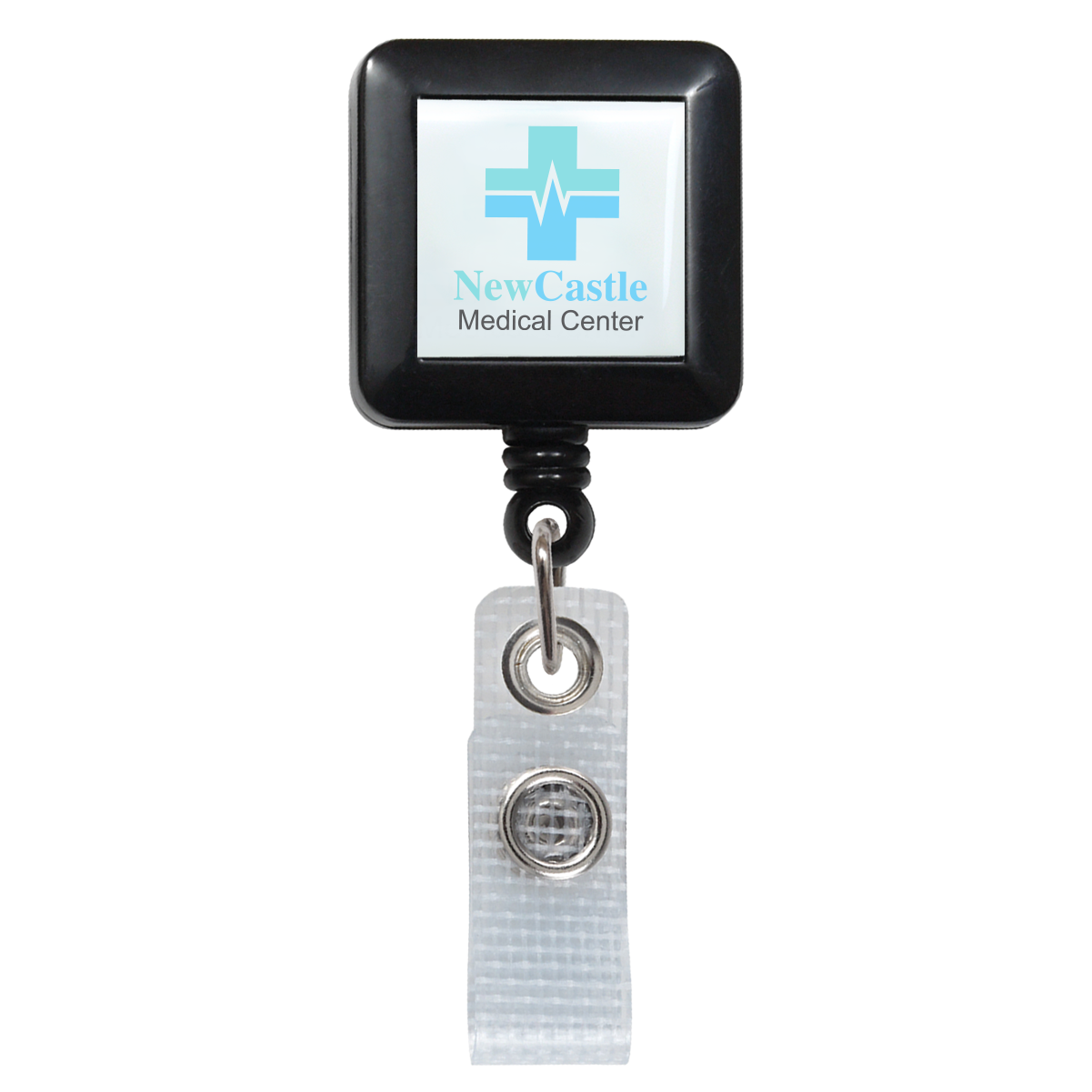 Custom Square Badge Reel with Belt Clip (2120-382X-Custom) - Add Your Logo featuring the NewCastle Medical Center logo, a reinforced strap clip, and a belt attachment. This modern badge reel is customizable to suit various requirements.