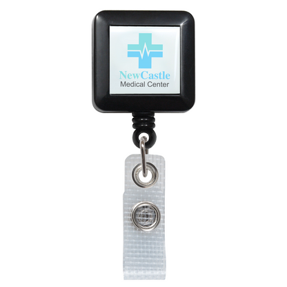 Custom Square Badge Reel with Belt Clip (2120-382X-Custom) - Add Your Logo featuring the NewCastle Medical Center logo, a reinforced strap clip, and a belt attachment. This modern badge reel is customizable to suit various requirements.