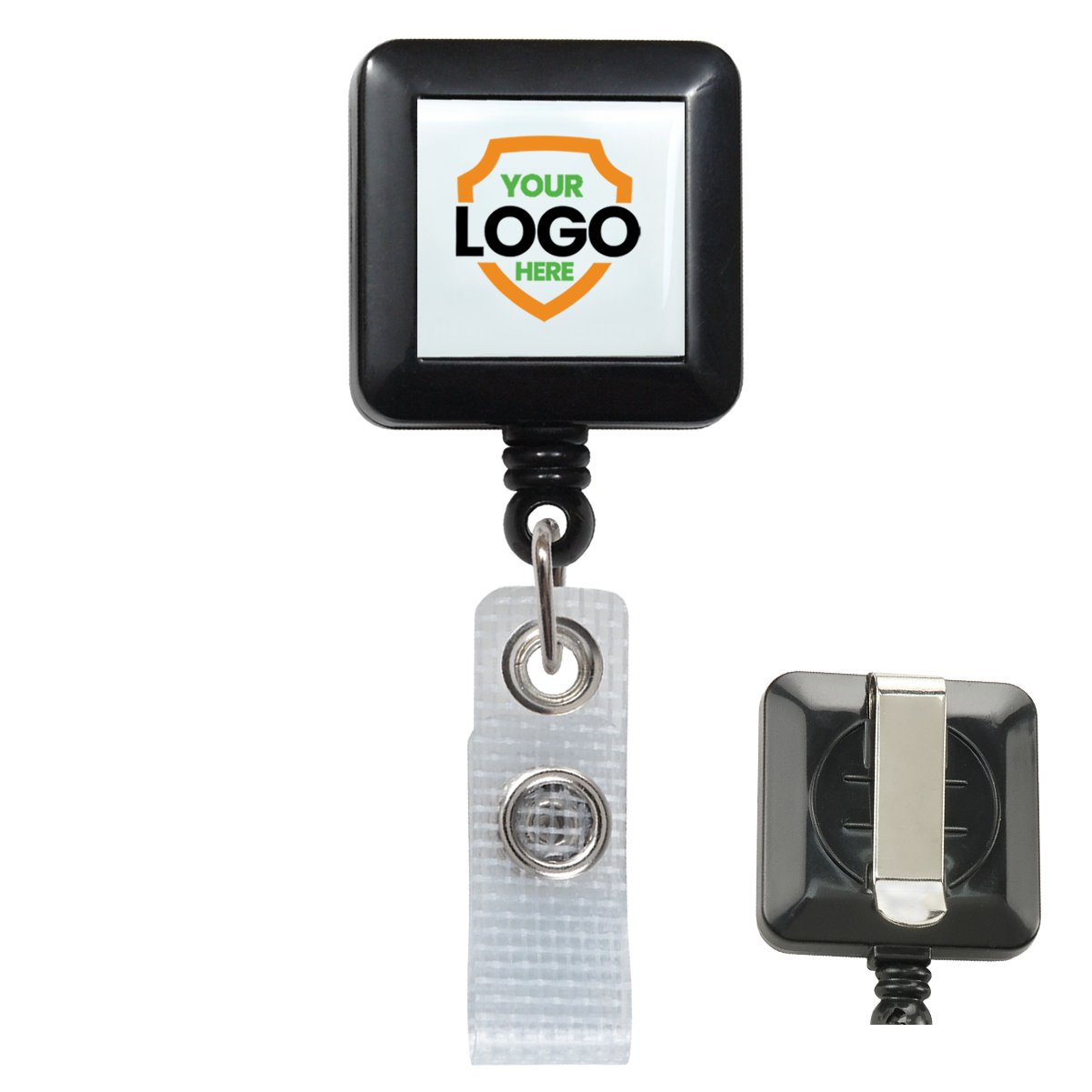 custom black square badge reel with belt clip - Add your brand logo