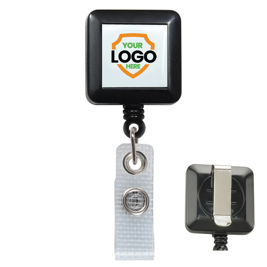 Square black badge reel with a clip attachment, featuring a customizable logo area on the front and a retractable badge holder with a reinforced strap clip for added durability. Ideal for those seeking modern badge reels that combine functionality and style has now been upgraded to the Custom Square Badge Reel with Belt Clip (2120-382X-Custom) - Add Your Logo.