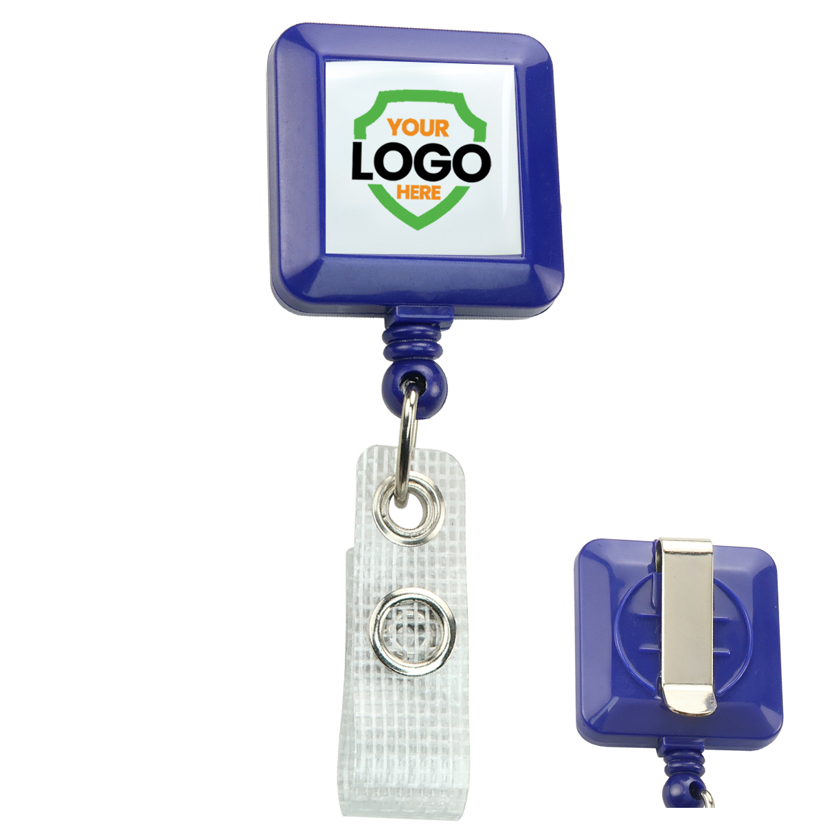 A Custom Square Badge Reel with Belt Clip (2120-382X-Custom) - Add Your Logo featuring a modern blue retractable badge holder with a square, logo insert area at the top and a clear reinforced strap clip at the bottom. The back view shows a metal clip for secure attachment.
