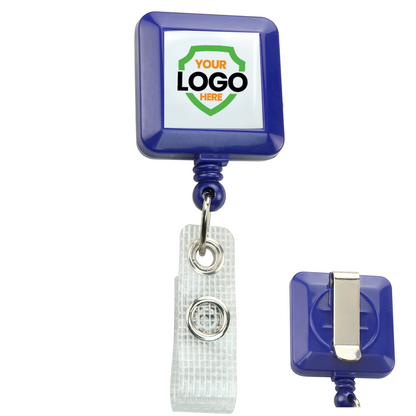 A Custom Square Badge Reel with Belt Clip (2120-382X-Custom) - Add Your Logo featuring a modern blue retractable badge holder with a square, logo insert area at the top and a clear reinforced strap clip at the bottom. The back view shows a metal clip for secure attachment.