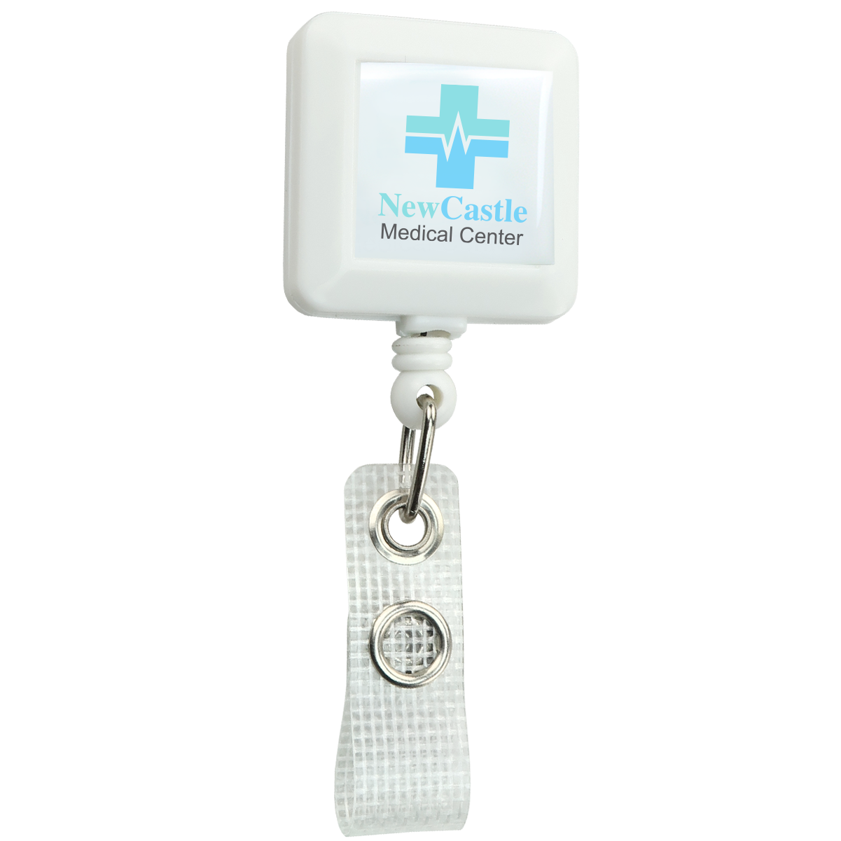 A modern white Custom Square Badge Reel with Belt Clip (2120-382X-Custom) - Add Your Logo, featuring a cross and heart rate line, a reinforced strap clip for attaching an ID, and customizable badge reels for a personalized touch.