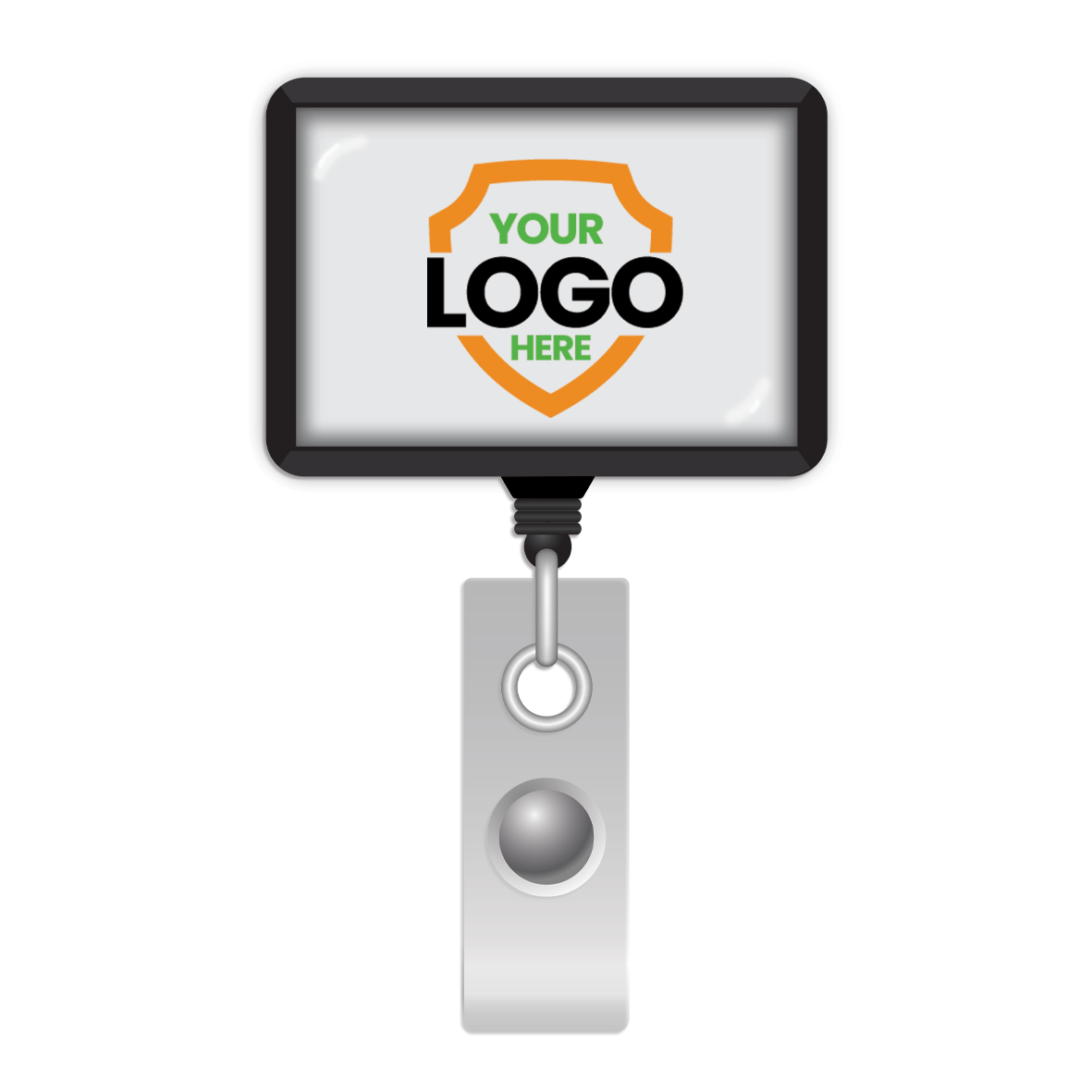 Custom Rectangle Badge Reel Retractable with Rotating Swivel Clip (P/N 2120-390X-Custom) with a retractable nylon cord and rectangular badge holder displaying "Your Logo Here" in black and orange text within a green and orange shield design.