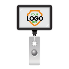 Custom Rectangle Badge Reel Retractable with Rotating Swivel Clip (P/N 2120-390X-Custom) with a retractable nylon cord and rectangular badge holder displaying "Your Logo Here" in black and orange text within a green and orange shield design.