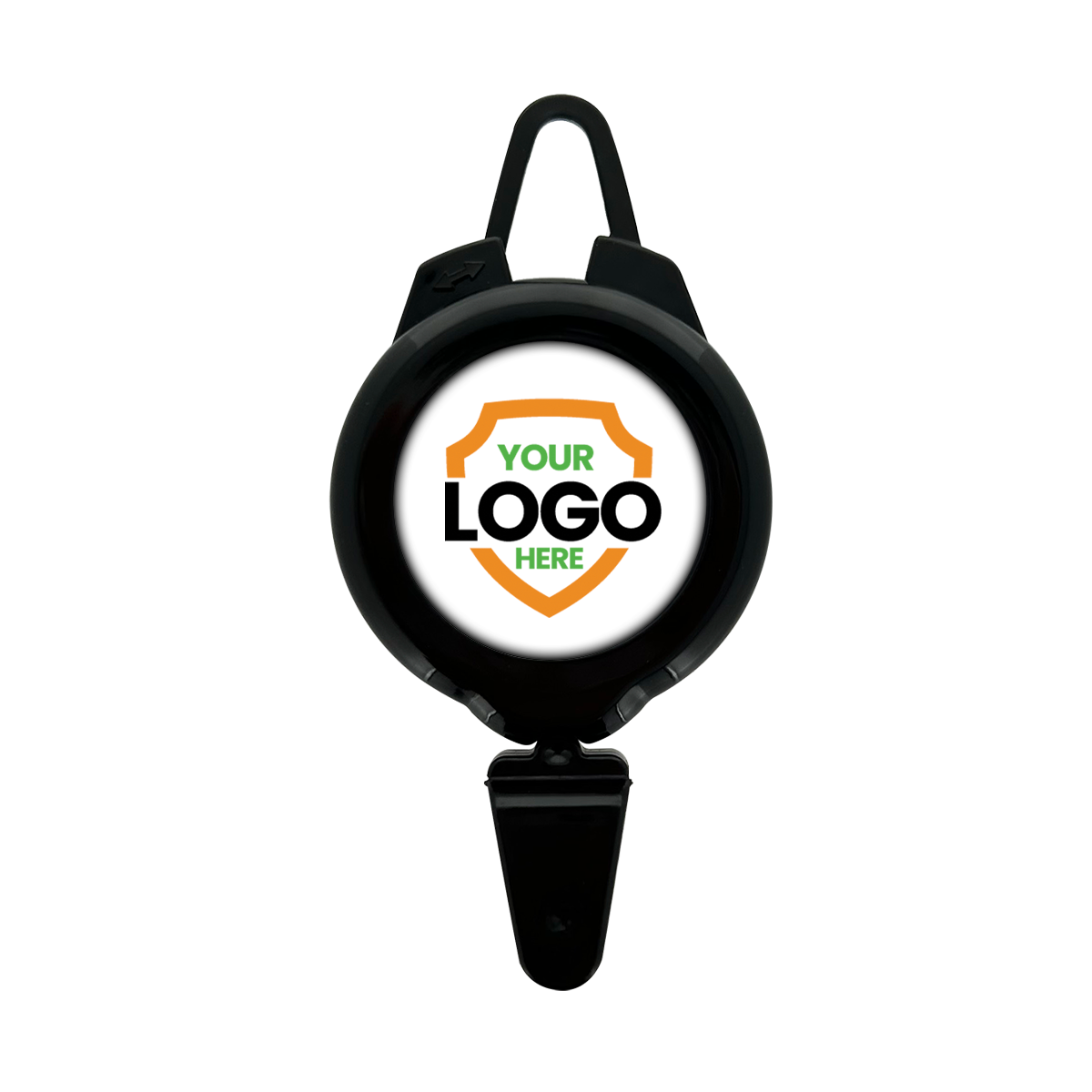 Black Customi Ski Pass and Sports Retractable Reel - Add Your Logo (2120-4001-Custom) with a clip at the bottom and a printed shield design in the center that reads "YOUR LOGO HERE" in green and yellow text. Perfect for using as a custom ski pass holder or personalized design tool.