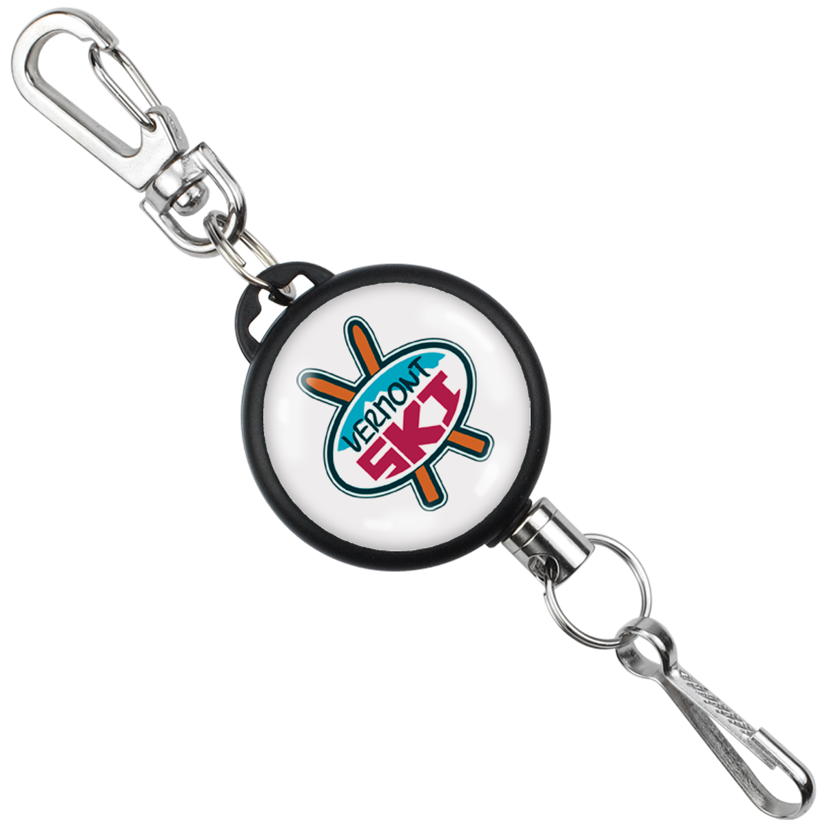 A Custom Retractable Ski Pass Holder - Heavy Duty Sport Reel (2120-4101) - Add Your Logo with a carabiner clip and a key ring. The holder features a logo with text that reads "VENOM SKI." These customizable retractable ski pass holders make perfect promotional items for ski resorts.