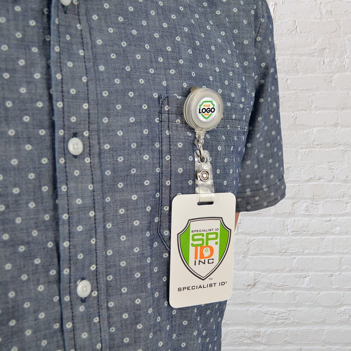 Custom Translucent Retractable Badge Reel with Non-Swivel Spring Clip (P/N 2120-4730). Sold by Specialist ID.
