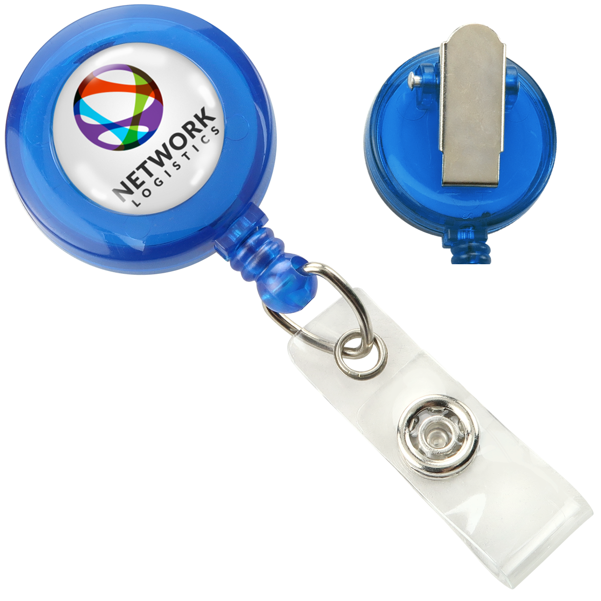 Custom badge reel with non swivel spring clip in translucent blue color