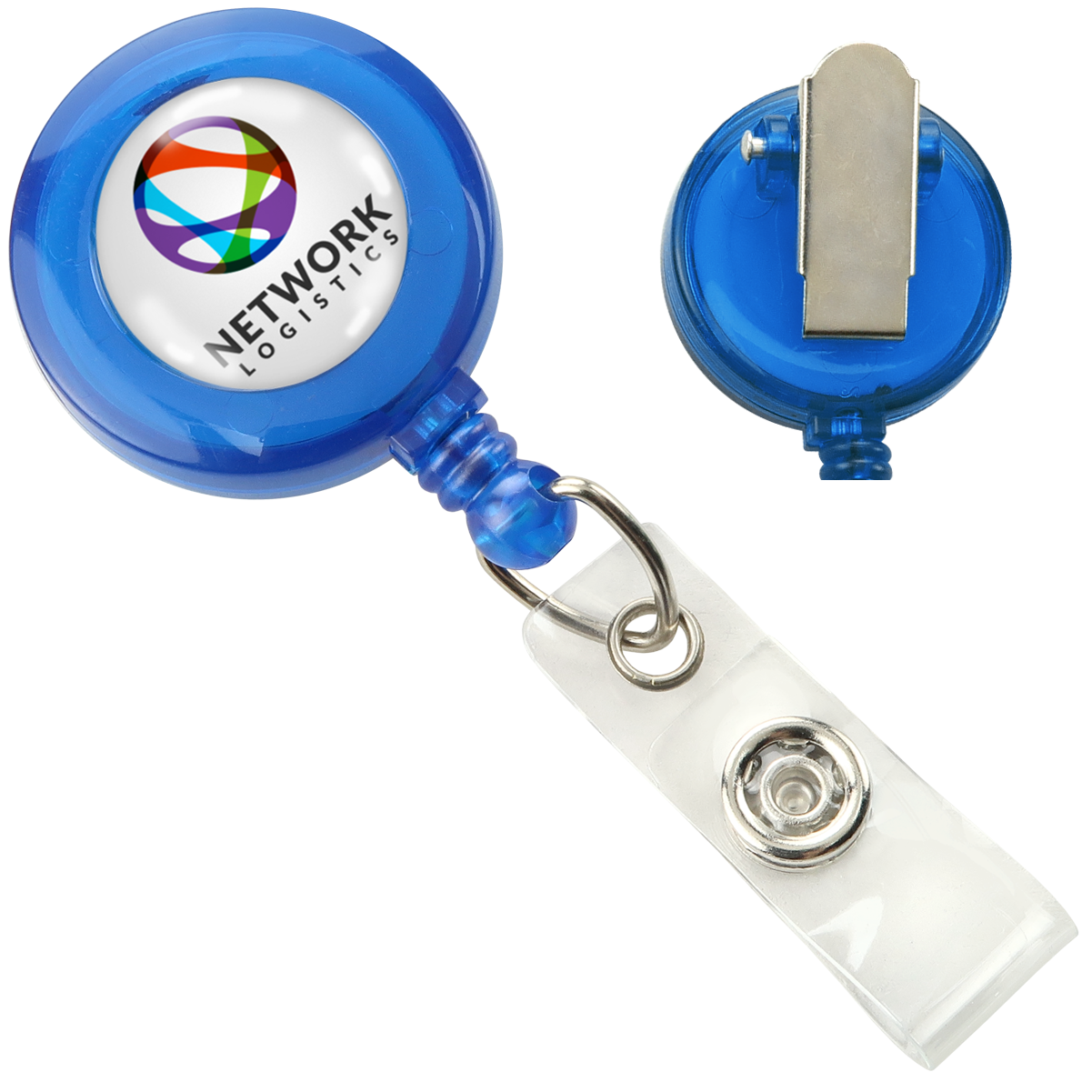 Two blue Translucent Custom Badge Reels with Non-Swivel Spring Clips - Add Your Logo. One is shown in front view, featuring a full-color logo dome label, and the other in back view. These customizable translucent badge reels make it easy to display your ID card holder efficiently.