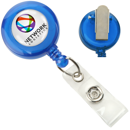 Two blue Translucent Custom Badge Reels with Non-Swivel Spring Clips - Add Your Logo. One is shown in front view, featuring a full-color logo dome label, and the other in back view. These customizable translucent badge reels make it easy to display your ID card holder efficiently.