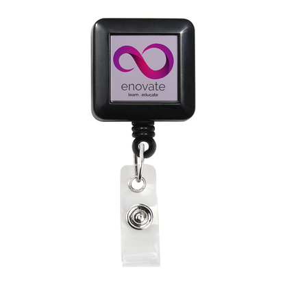 Custom Square Retractable Badge Reel with Spring Clip - Add Your Logo to Customize (2120-5701-Custom) with a retractable nylon cord and an enovate logo featuring a purple infinity symbol and the text "learn. educate." The modern design ensures both functionality and style, making it ideal for daily use.