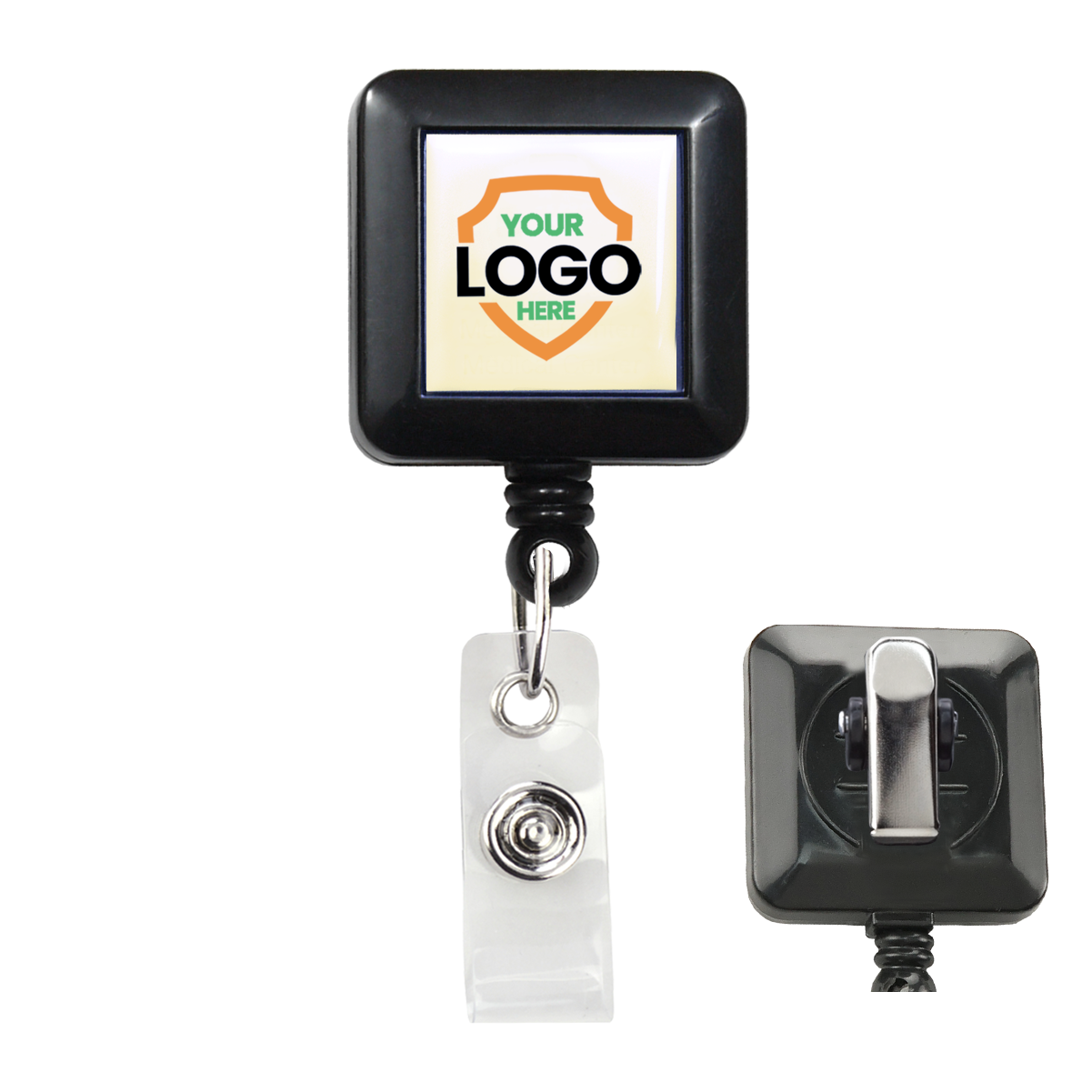 A Custom Square Retractable Badge Reel with Spring Clip - Add Your Logo to Customize (2120-5701-Custom) with a customizable logo space, modern design, and metal clip on the back. It's paired with a retractable nylon cord and clear plastic badge clip.