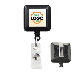 A Custom Square Retractable Badge Reel with Spring Clip - Add Your Logo to Customize (2120-5701-Custom) with a customizable logo space, modern design, and metal clip on the back. It's paired with a retractable nylon cord and clear plastic badge clip.