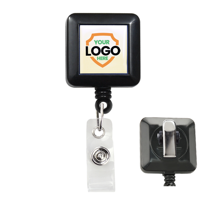 A Custom Square Retractable Badge Reel with Spring Clip - Add Your Logo to Customize (2120-5701-Custom) with a customizable logo space, modern design, and metal clip on the back. It's paired with a retractable nylon cord and clear plastic badge clip.
