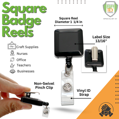 The Black Square Badge Reel With Spring Clip (P/N 2120-5701) features a retractable nylon cord and a vinyl ID strap, making it ideal for craft supplies, nurses, office workers, teachers, and businesses. The label size is 1x1 inch.