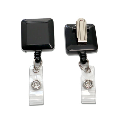 The Black Square Badge Reel with Spring Clip (P/N 2120-5701) features two sleek black retractable badge holders, complete with metal clips and robust clear vinyl straps, displayed from the front and back. They incorporate a durable retractable nylon cord for easy use.