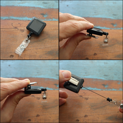 Four images display a hand demonstrating the "Black Square Badge Reel With Spring Clip (P/N 2120-5701)." This holder is equipped with a retractable nylon cord that extends and retracts smoothly, featuring a clear clip at the end for secure attachment.