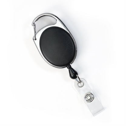 2120-7021 Black - A Carabiner Badge Reel - Premium Retractable Oval Badge Holder with Carabiner Clip for Belt Loops & Purse Straps (2120-70XX) features a retractable badge holder with a clear plastic clip and a sturdy carabiner fastened at the top.