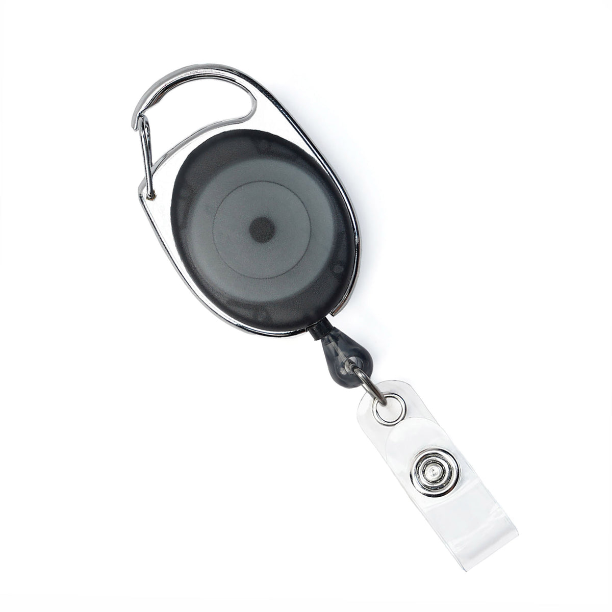 2120-7051 Translucent Black - Carabiner Badge Reel with Oval Clip for Belt Loops and Bag Straps (2120-70XX) with a clear plastic strap, shown on a white background.