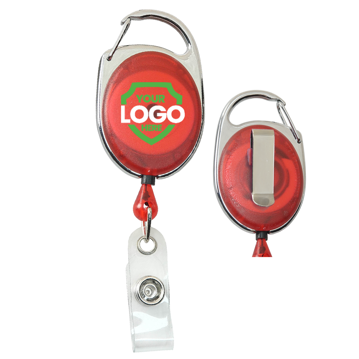 A red, oval-shaped Custom Printed Carabiner Badge Reels with Belt Clip - Online Designer - Add Personalized Logo or Graphic, featuring a space for a customizable logo on the front.