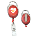 Red Custom Printed Carabiner Badge Reels with Belt Clip - Online Designer - Add Personalized Logo or Graphic featuring the Northern Hospital logo with a heartbeat graphic, carabiner-style clip on top, and a clear plastic strap with a metal snap for attaching ID badges. Ideal for those seeking custom badge reels that combine functionality and style.