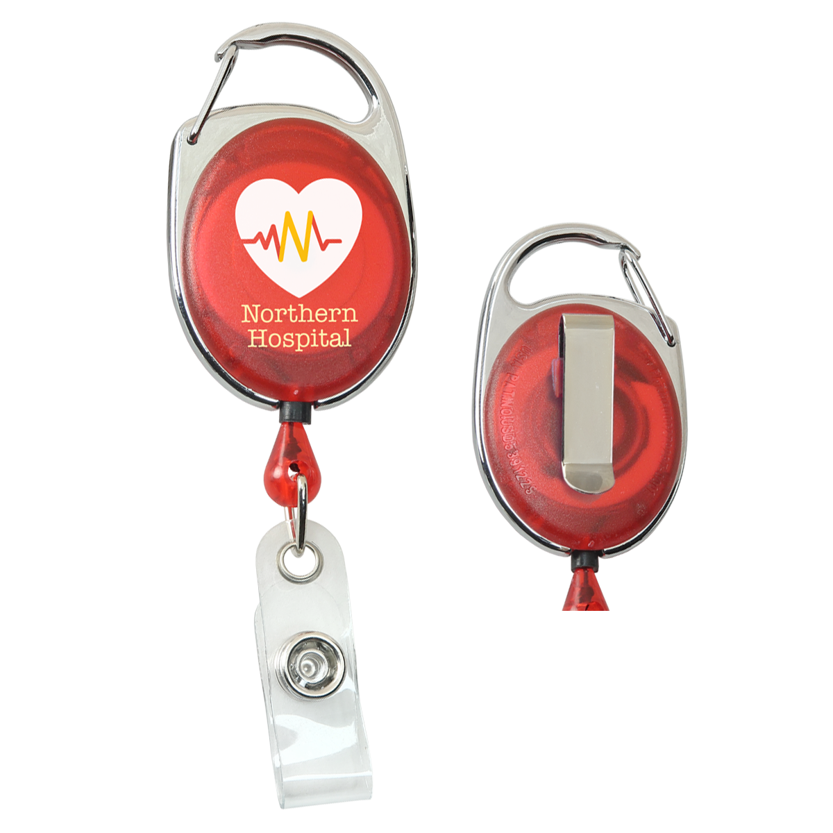 Red Custom Printed Carabiner Badge Reels with Belt Clip - Online Designer - Add Personalized Logo or Graphic featuring the Northern Hospital logo with a heartbeat graphic, carabiner-style clip on top, and a clear plastic strap with a metal snap for attaching ID badges. Ideal for those seeking custom badge reels that combine functionality and style.