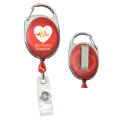 Red Custom Printed Carabiner Badge Reels with Belt Clip - Online Designer - Add Personalized Logo or Graphic featuring the Northern Hospital logo with a heartbeat graphic, carabiner-style clip on top, and a clear plastic strap with a metal snap for attaching ID badges. Ideal for those seeking custom badge reels that combine functionality and style.