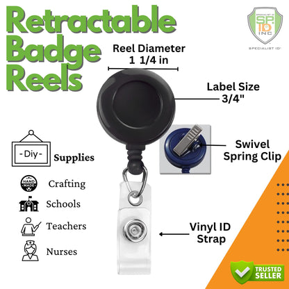 Image showing a Badge Reel with Swivel Spring Clip (P/N 2120-760X) with a reel diameter of 1 1/4 inches, a 3/4 inch label, a swivel spring clip, and a vinyl ID strap. Ideal for crafting, schools, teachers, and nurses.