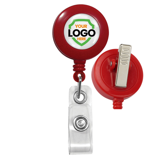 Red Custom Badge Reels with Swivel Spring Clip - Personalized Bulk ID Badge Holders for Business, Nurses, and Teachers with a clip on the back and an area for a customizable logo on the front, perfect for promotional giveaways and boosting brand awareness.